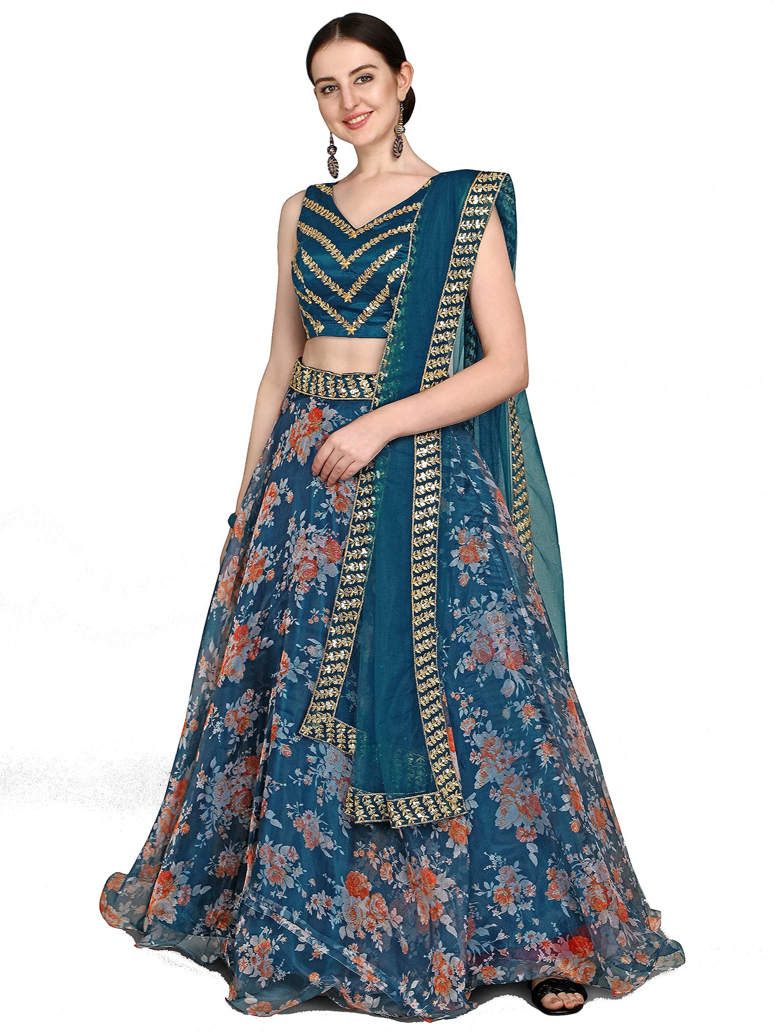Fashion Basket Women'S Organza Printed & Jari Sequence Work Semi-Stitched Lehenga Choli (Blue)
