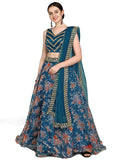 Fashion Basket Women'S Organza Printed & Jari Sequence Work Semi-Stitched Lehenga Choli (Blue)