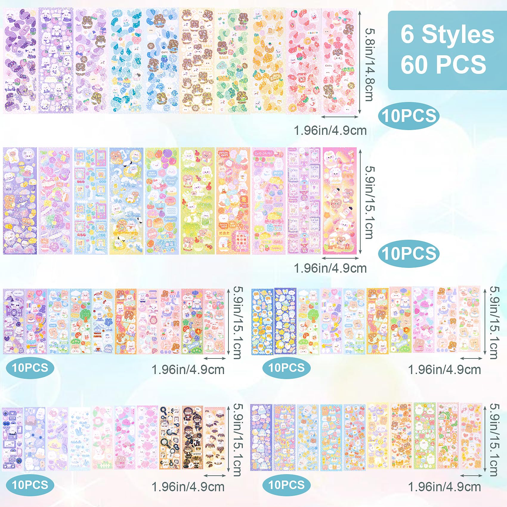 HINZIC 60 Sheets Korean Stickers Kpop Deco Stickers for Photocard Self Adhesive Colorful Stickers Cute Korean Stickers with Rabb