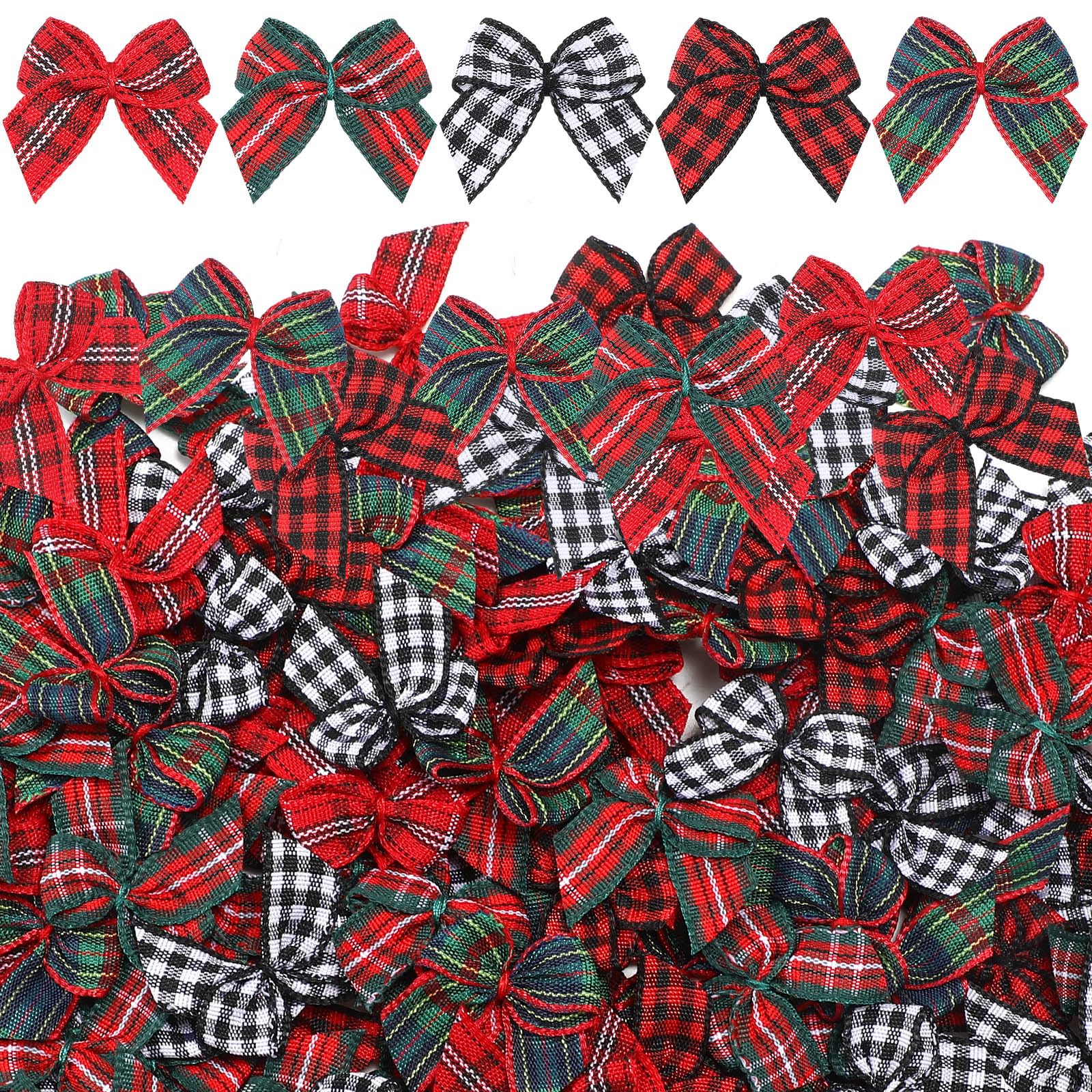Chuangdi 150 Pcs Christmas Mini Plaid Ribbon Bows Buffalo Plaid Bows Ribbon Bow Appliques DIY Craft for Sewing, Scrapbooking, We