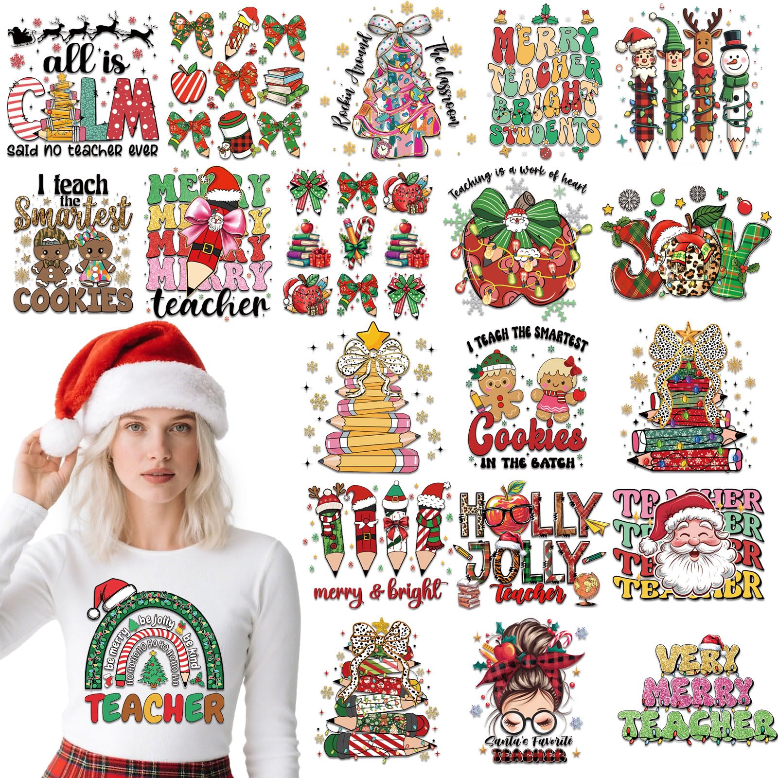 Dazoratix Christmas Teacher Iron on Transfers - 20 Sheets Pencil Tree DTF Ready to Press Heat Patches Merry Xmas Vinyl Stickers 