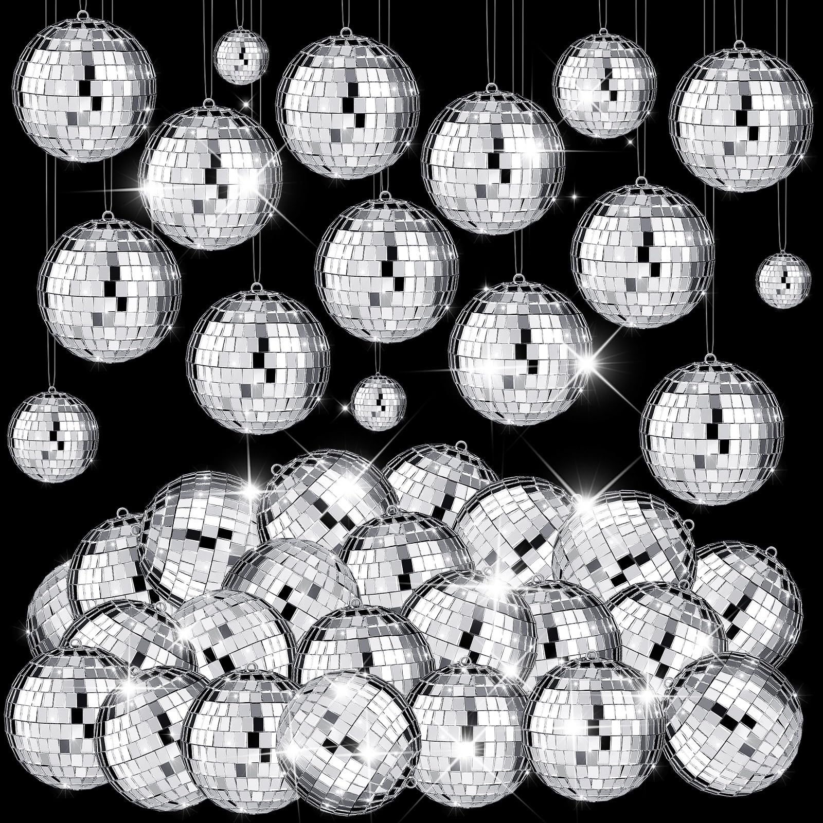 MTLEE 20 Pcs Disco Balls Decoration Mirror Disco Ball Assorted Silver Mini Glass Different Sizes Reflective with Rope for 70s We