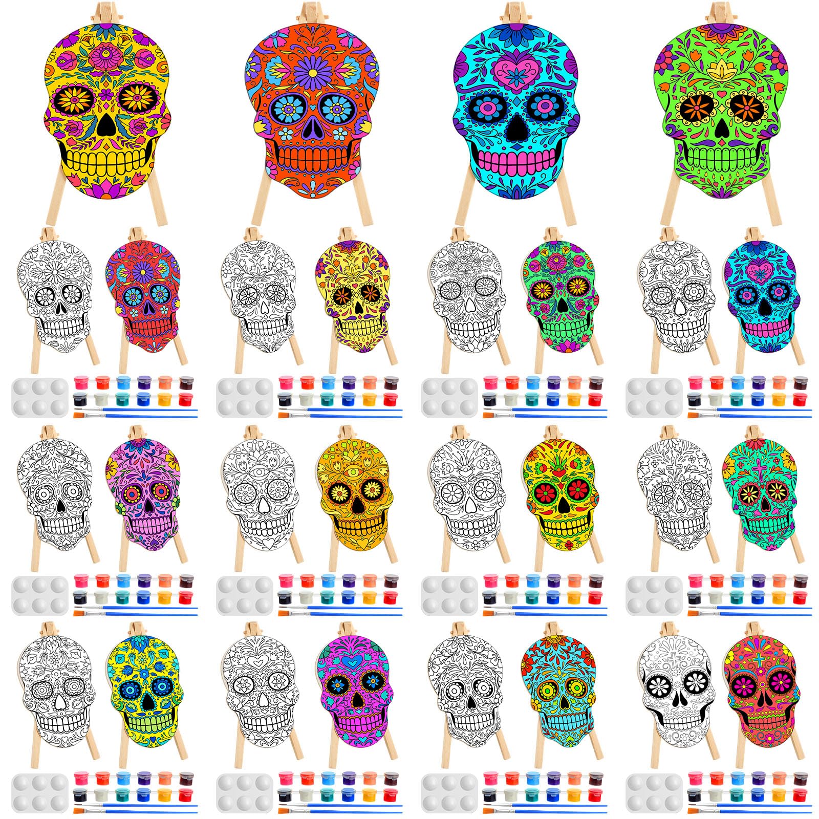 Supervitae 72 Piece Sugar Skull Pre Drawn Canvas Kit 5.9 Dia De Los Muertos Sip and Paint Kit for Adults Painting Party Pre Prin