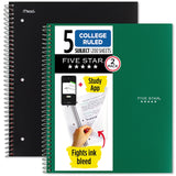 Five Star Spiral Notebooks + Study App, 2 Pack, 5 Subject, College Ruled Paper, 81/2 x 11, 200 Sheets, Fights Ink Bleed, Wate