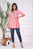 Digital Shopee Rayon Embroidery Short Flair Frock Regular Kurti | Kurta For Women Girls (Small, Peach)