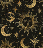 Laatse Black Peel and Stick Removable Vintage Wallpaper Gold Celestial Sun Moon Star Contact Paper 17.5 x 393 Dark Boho Mural Wa
