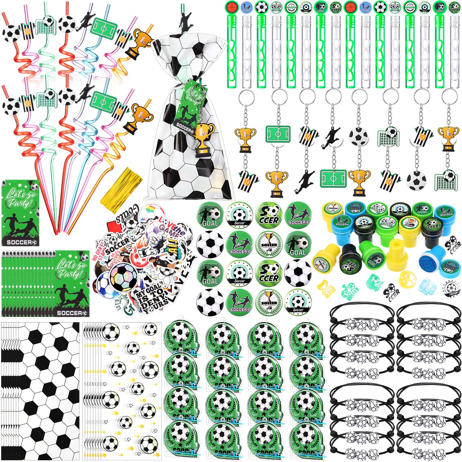 Saypacck 229 Pcs Soccer Party Favors with Ball Bracelets Mini Pinball Mini Bubble Wands Straws Keychains Badges Stickers Stamps 