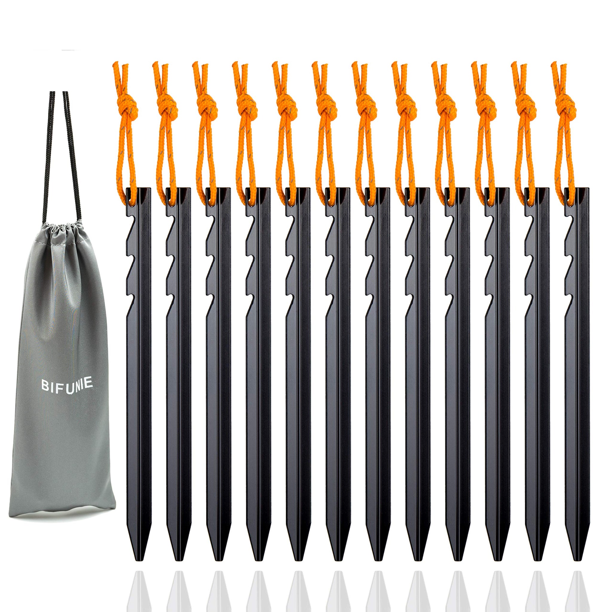 Aluminum Tent Stakes Pegs, 12-Pack Aluminum Ground Pegs with Reflective Pull Ropes, Heavy Duty Tri-Beam Metal Stakes Pegs for Ba