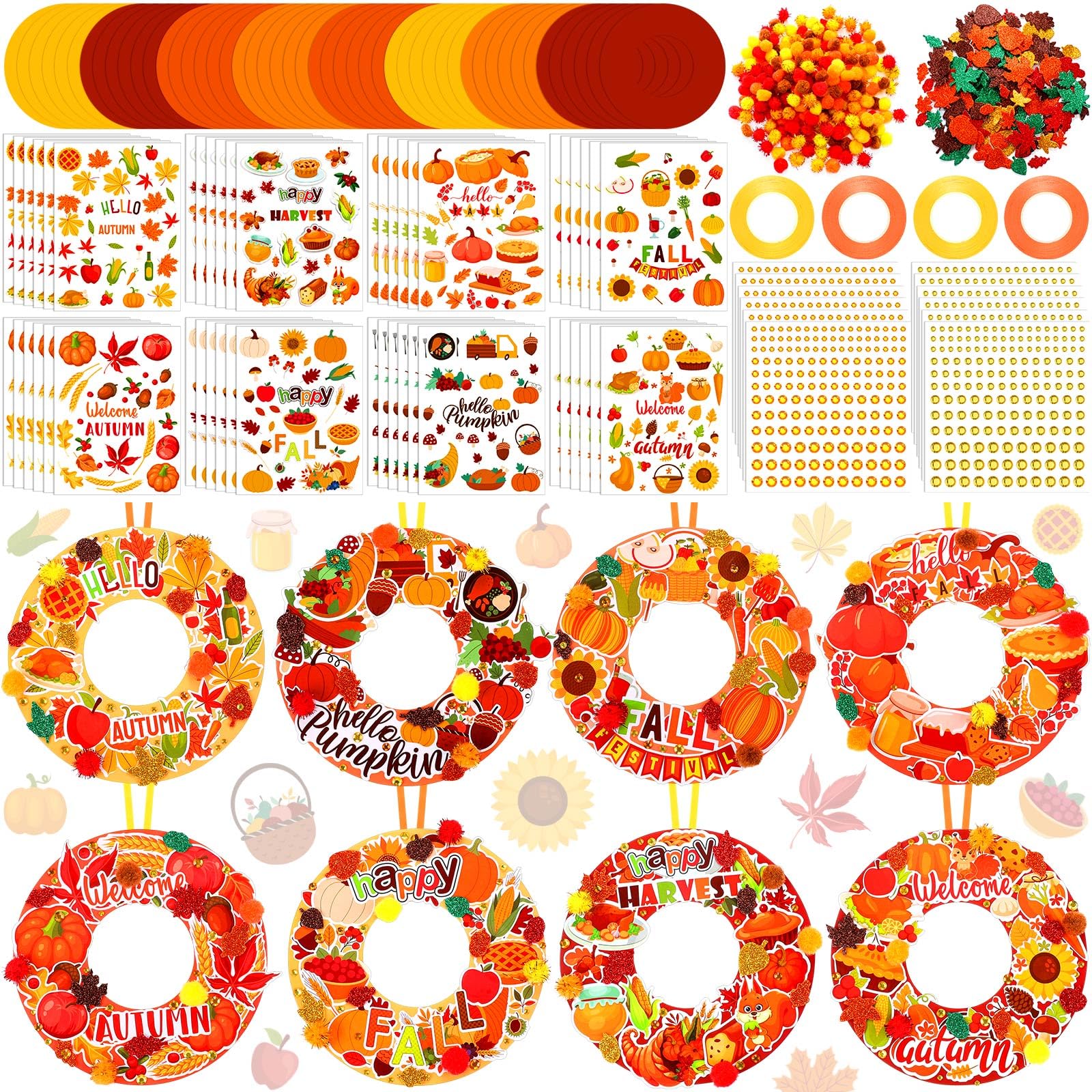 Hollowfly 48 Sets Autumn Wreath Craft Kits for Kids DIY Pumpkin Wreath Hanging Ornaments Make Your Own Paper Fall Craft with Sti