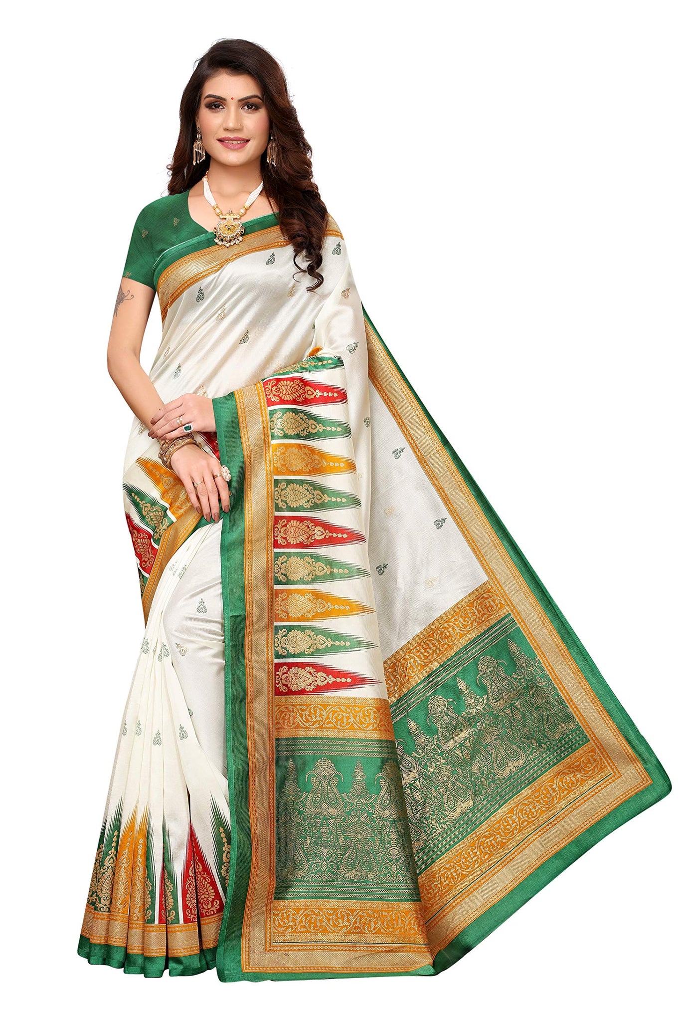 Anni Designer Art Silk With Blouse Piece Saree (Paroma-Green&White_1 Free Size),Green,Free Size