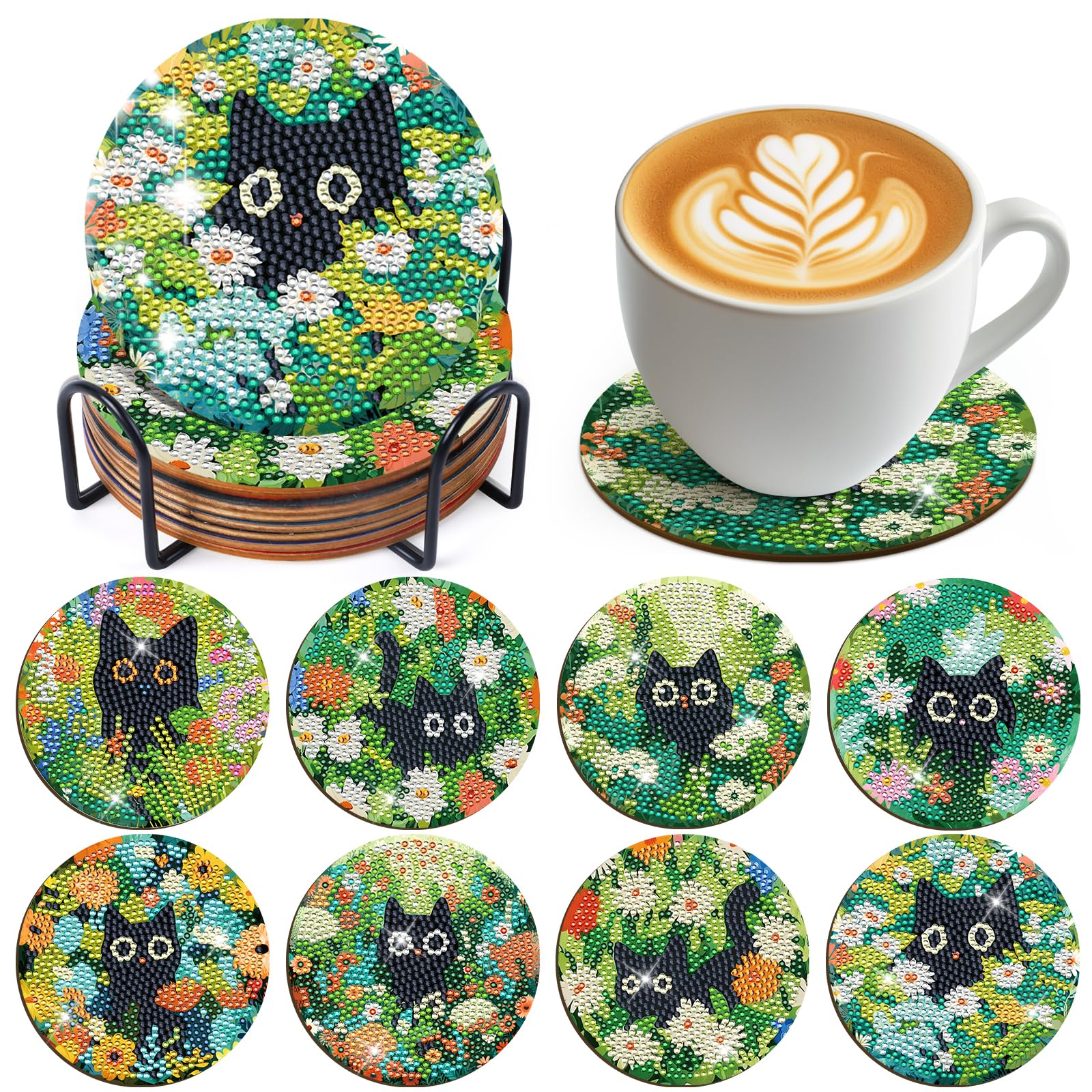 Sitsink Black Cat Diamond Art Coasters - 8 Pcs DIY Black Cat with Plant Diamond Painting Coasters Kits with Holder for Adults Be
