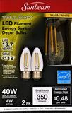 Sunbeam Trulook LED Filament Energy Saving Decor Bulbs, Warm White, 2-Pack