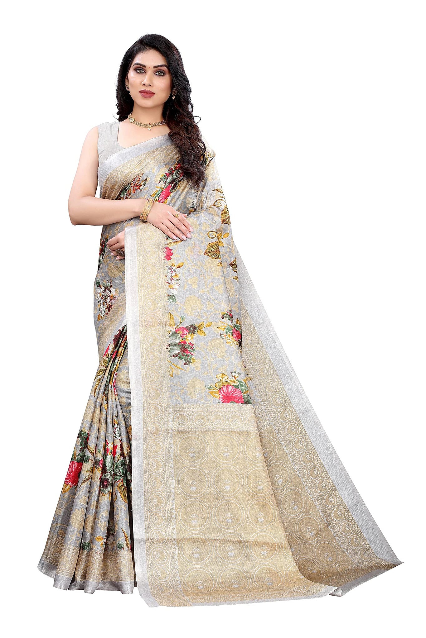 Anni Designer Women'S Art Silk Floral Printed Saree With Blouse Piece (Pudina Grey_Grey),Grey,Free