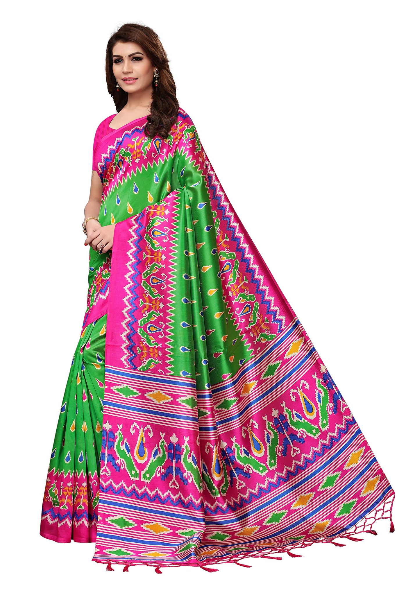 Gosriki Women'S Green Color Mysore Silk Printed Saree Border Tassels With Blouse Piece(Mor-Zikzek-Green_Free Size),Green,,B07NHSRHMH