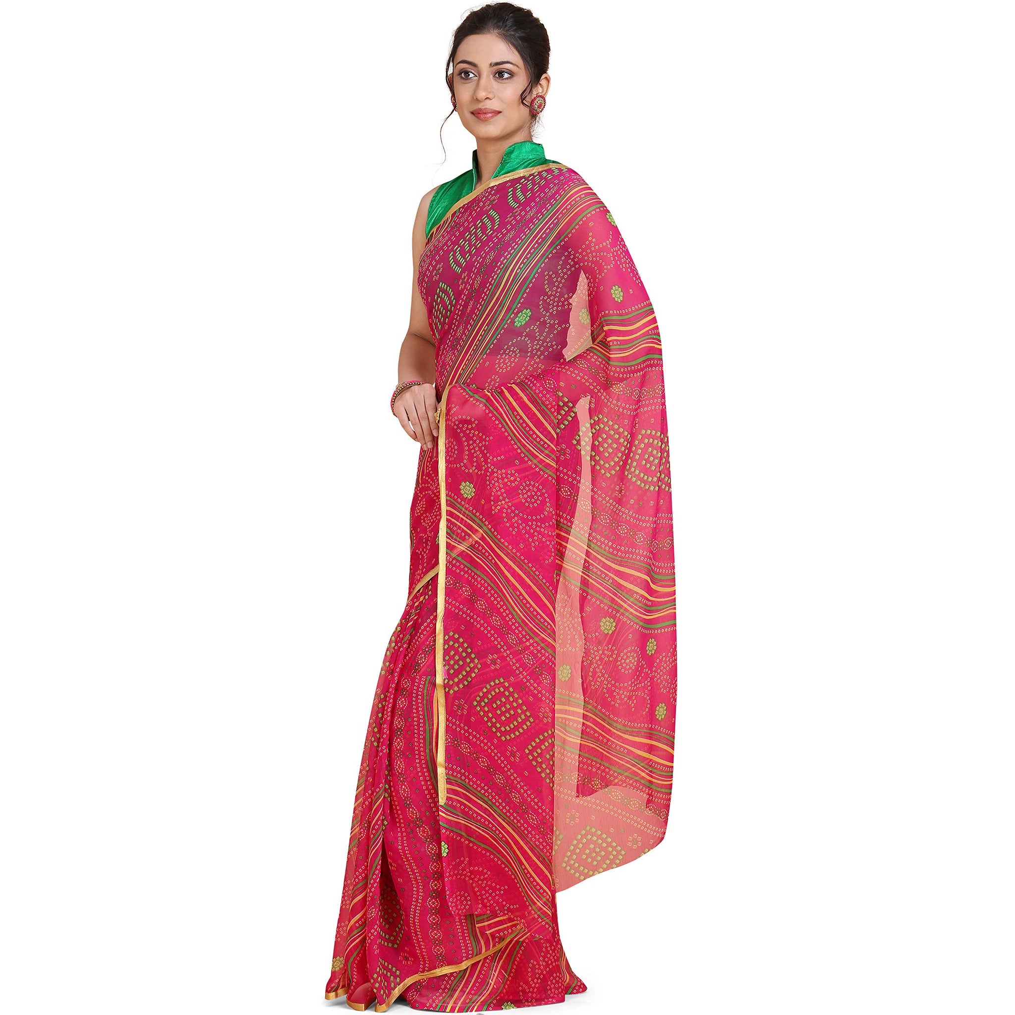 Anni Designer Pink Saree For Women'S Chiffon Fabric,Yellow,Free,Chiffon,with blouse piece,