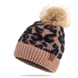 C.C Exclusives Soft Beanie hat with Leopard Pattern and Fur Pom, a Rubber Band Included (HAT-2061) (Mocha)