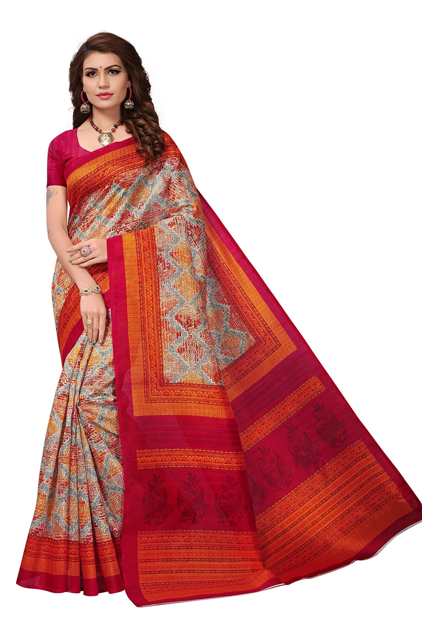 Gosriki Women'S Multi Color Bhagalpuri Silk Printed Saree With Blouse Piece(Multi_Free Size),Multicoloured,,B07HGYV676