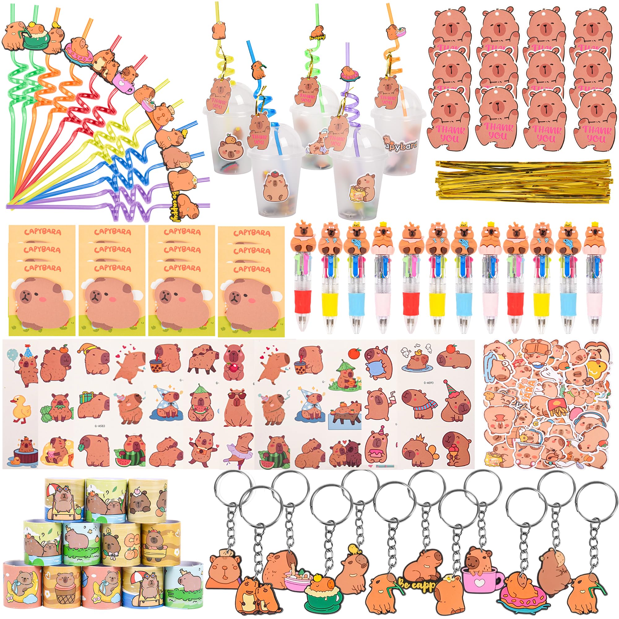 LiYiQ 146 Pcs Capybara Party Favors included Drinking Straws Cups Notepads 4 in 1 Pens Keychains Gift Tags Slap Bracelets Tempor