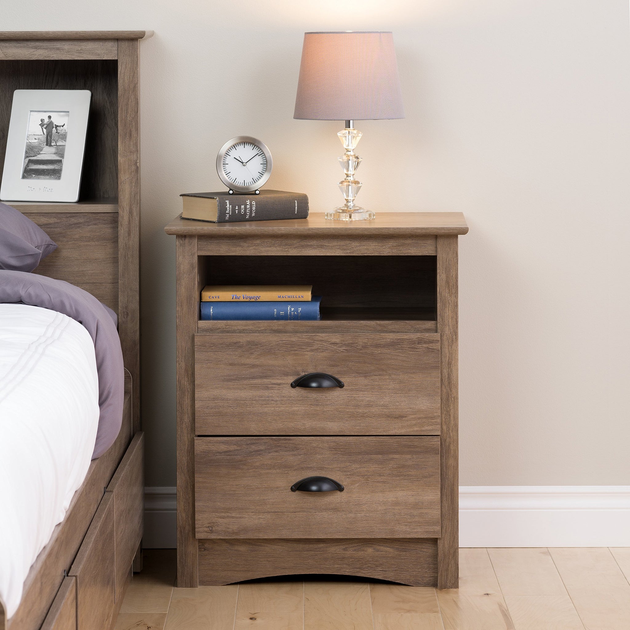 Prepac's Fremont 2 Drawer Nightstand: Elegant Bedroom Furniture, Bedside Table with Open Shelf, 23.25W x 16D x 28H, Drifte