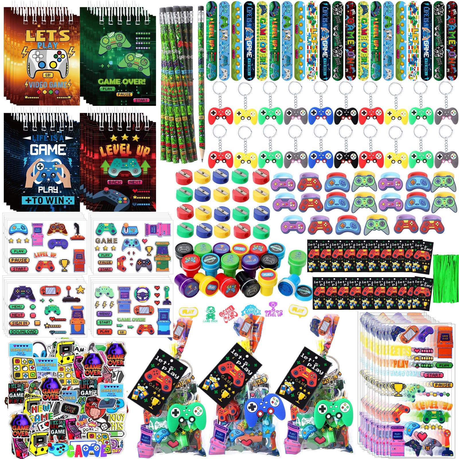 Sayglossy 331 Pcs Video Game Party Favors Set Includes Gift Bags Pencils Notebook Sharpener Slap Bracelets Rings Keychains Tatto