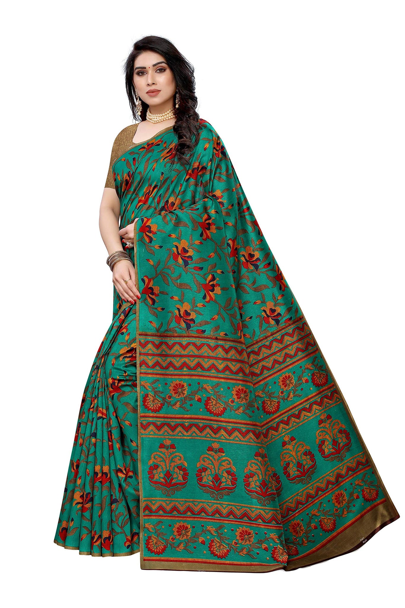 Gosriki Women'S Art Silk Printed Saree With Blouse Piece (Gorakh-Pink_Go),Green,,B08MK3XD9Z