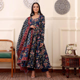 Anni Designer Women'S Rayon Viscose Anarkali Printed Kurta With Pant & Dupatta (Minari Blue_L_Blue_Large),Blue,L,,,