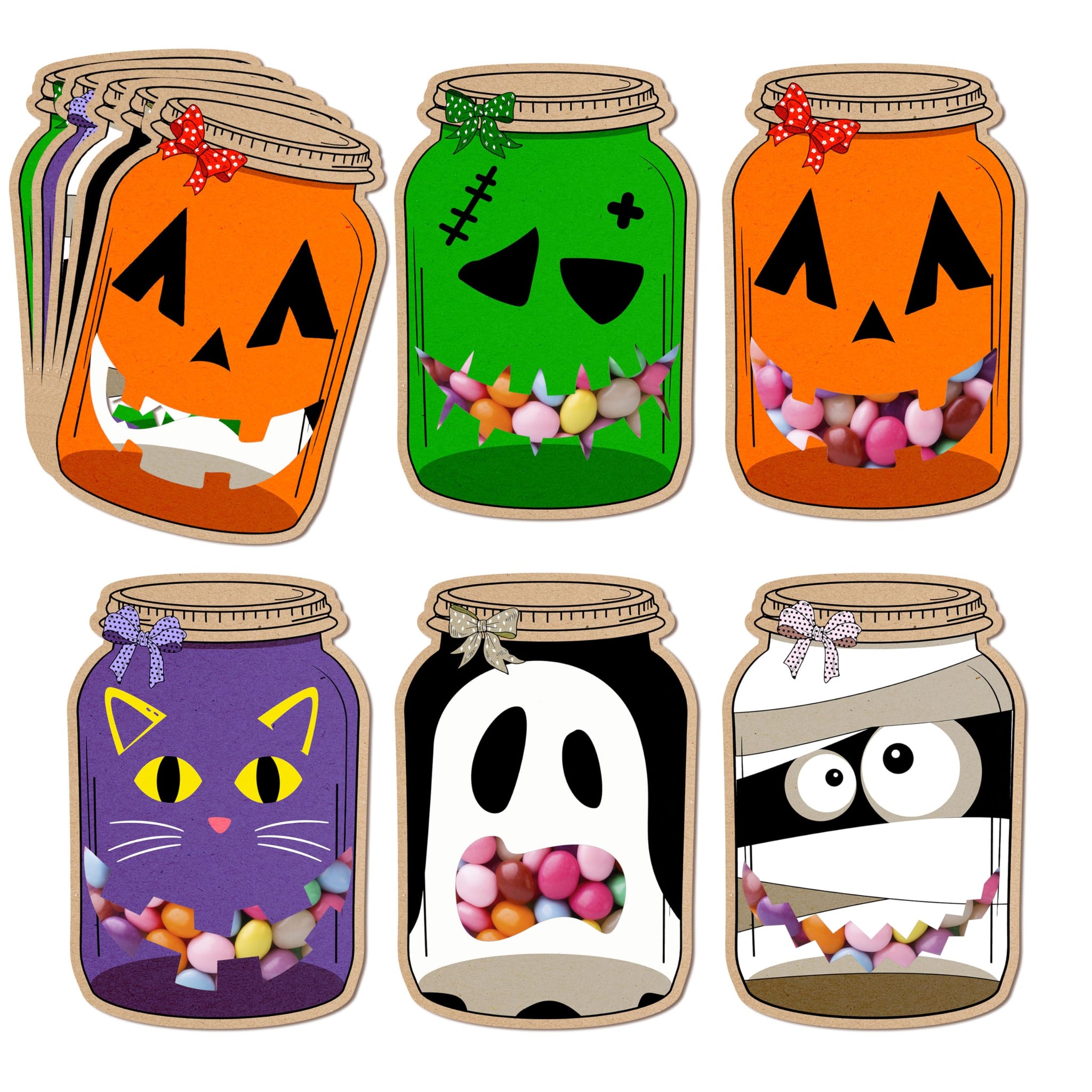 50 Pack Halloween Mason Jar Candy Cards for Kids Classroom - School DIY Trick or Treat Bags, Halloween Candy Cards with Clear Ba