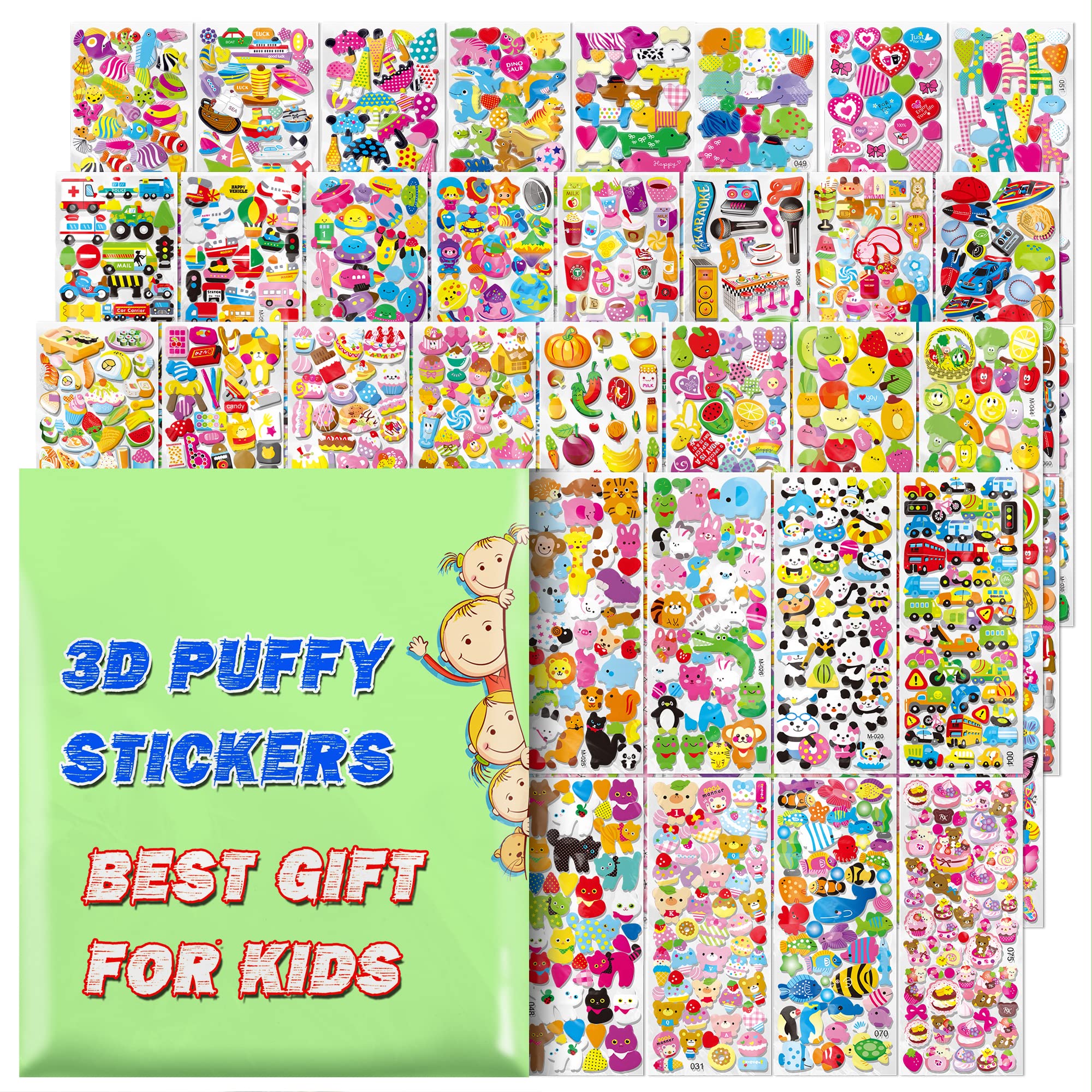 Stickers for Kids, 3D Puffy Stickers, 64 Different Sheets, 3200+ Cute Stickers, Including Animals, Cars, Airplane, Food, Letters