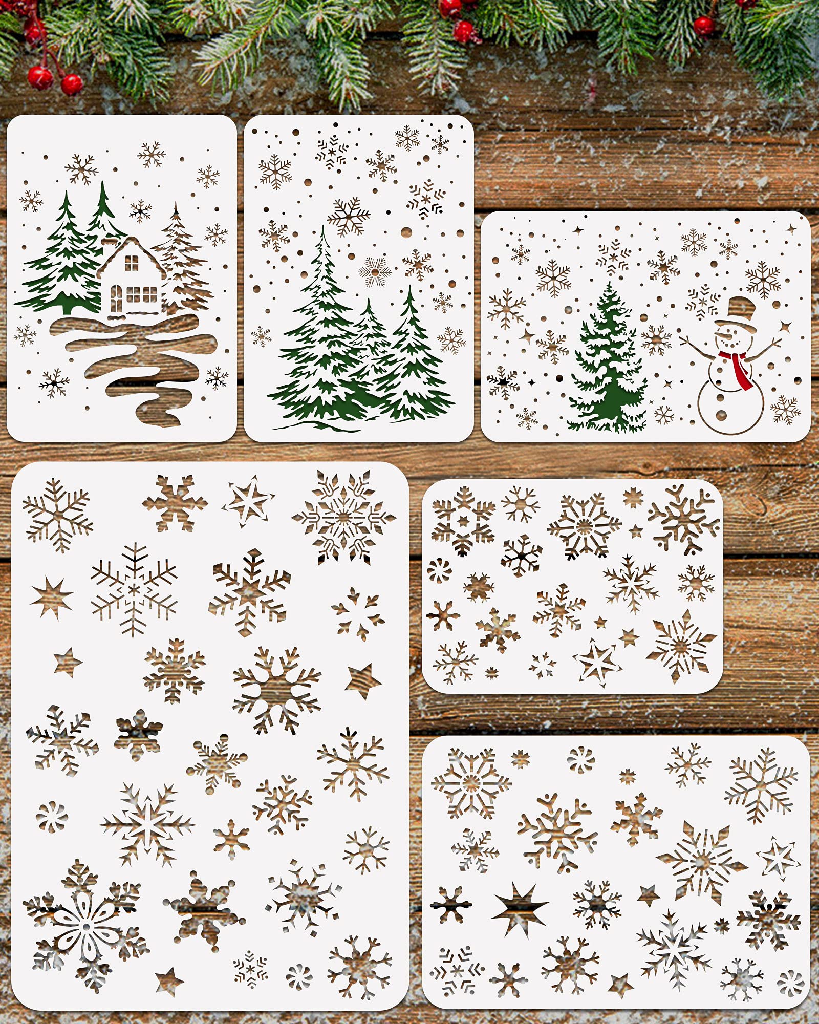 6 Pcs Christmas Snowflake Stencils for Painting, Reusable Large Snowflakes Snowman Christmas Tree Stencils for Painting on Wood 