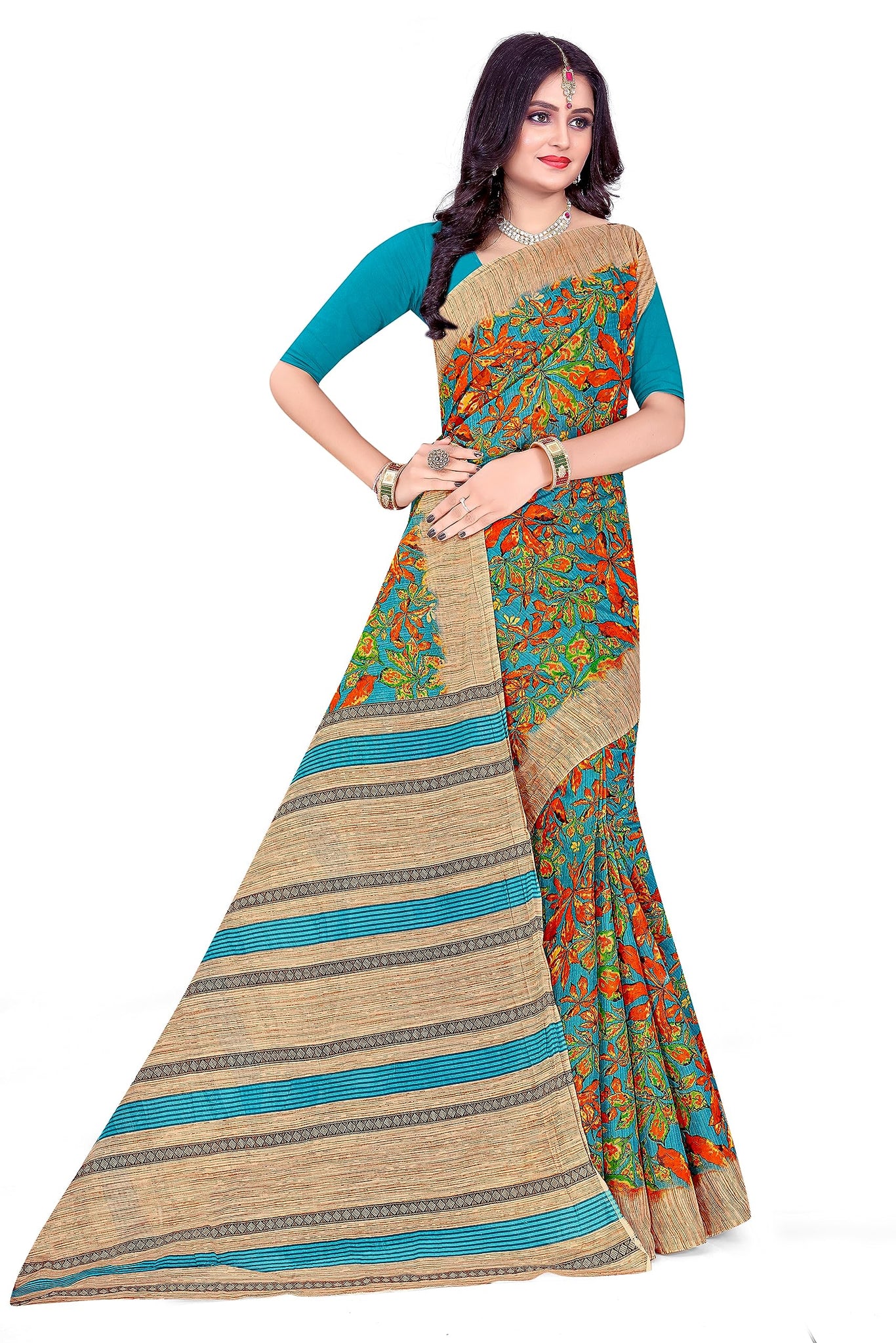 Tamaira Fashion Women'S Autumn Leaf Print Pure Cotton Saree Without Blouse Piece(11184_Seagreen)