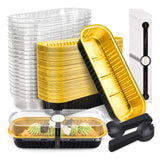 NPLUX 50 Pack Mini Cake Pans with Lids and Spoons Black Gold Rectangular Aluminum Foil Baking Pans Mini Cheesecake Containers(6.