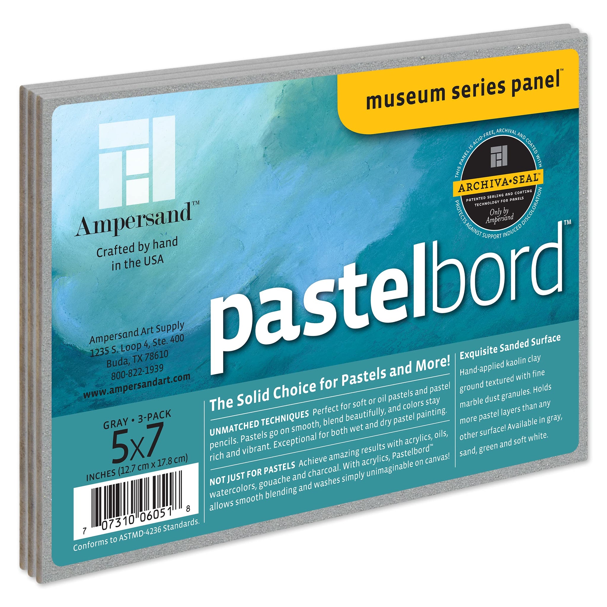 Ampersand Art Supply Pastel Painting Panel: Museum Series Pastelbord, Green, 1/8 Inch Flat Profile, 5X7 - Pack Of 3
