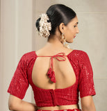 Pujia Mills Women'S Indian Ethnic Wear Designer Silver Sequence With Matching Embroidered Work V Neck Half Sleeve Readymade Padded Saree Blouse Readymade Unique Red Color Saree Blouse Red 34