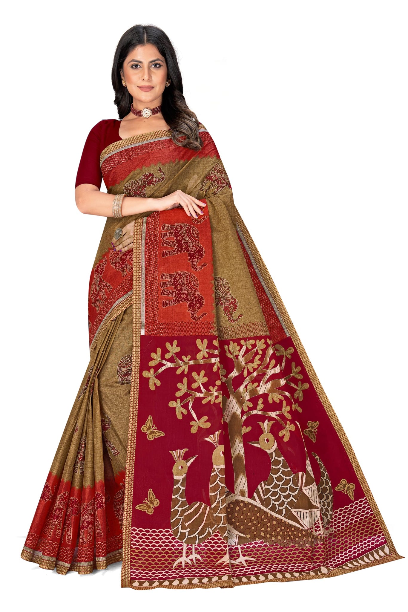 Tamaira Fashion Women's Plain Cotton Saree (11611_Beige&RustOrange