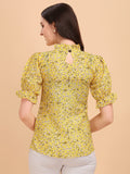 Wedani Women'S Casual Puff Sleeves Ruffled Collor Foral Top (Small Yellow),Yellow,S,Rayon,Regular,