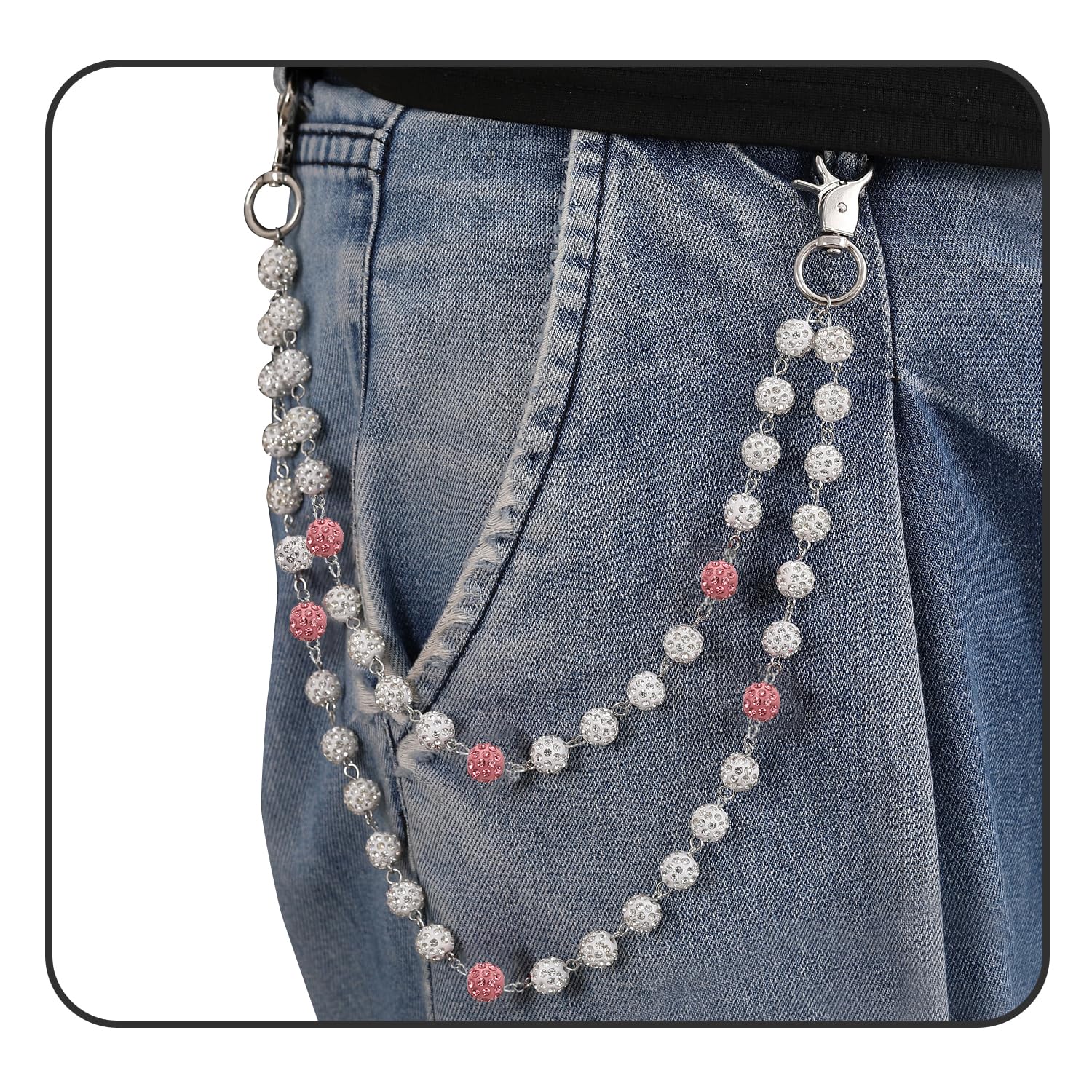 SKQIR Hip Hop Beaded Wallet Pants Chain for Men Biker Jeans Pocket Belt Trousers Loop Chain Pink White Disco Rhinestone Beads Pu
