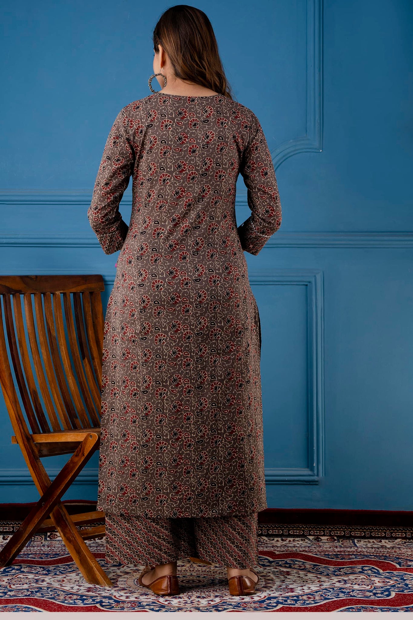 Anni Designer Women'S Cotton Blend Traditional Straight Printed Kurta And Palazzo Set (Janar Dark Brown Nw_Xl_Dark Brown_X-Large),Dark Brown,XL,Cotton Blend,Regular,Dupatta, Palazzo