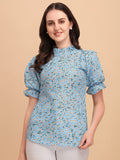 Wedani Women'S Casual Puff Sleeves Ruffled Collor Foral Top (X-Large Sky Blue),Sky Blue,XL,Rayon,Regular,