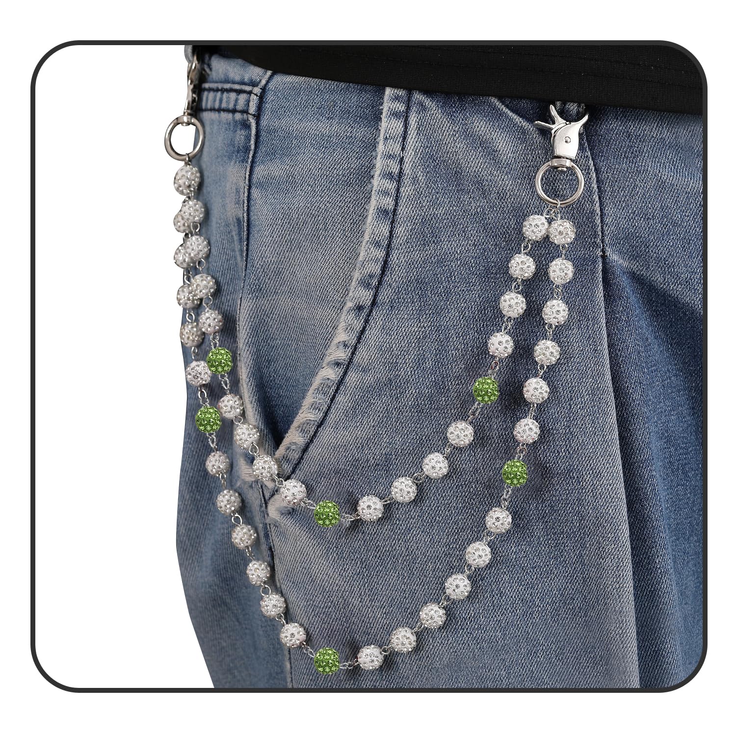 Wallet Chain Pants Chain for Men Biker Jeans Pocket Belt Trousers Loop White Green Beaded Disco Rhinestone Beads Hip Hop Punk Je
