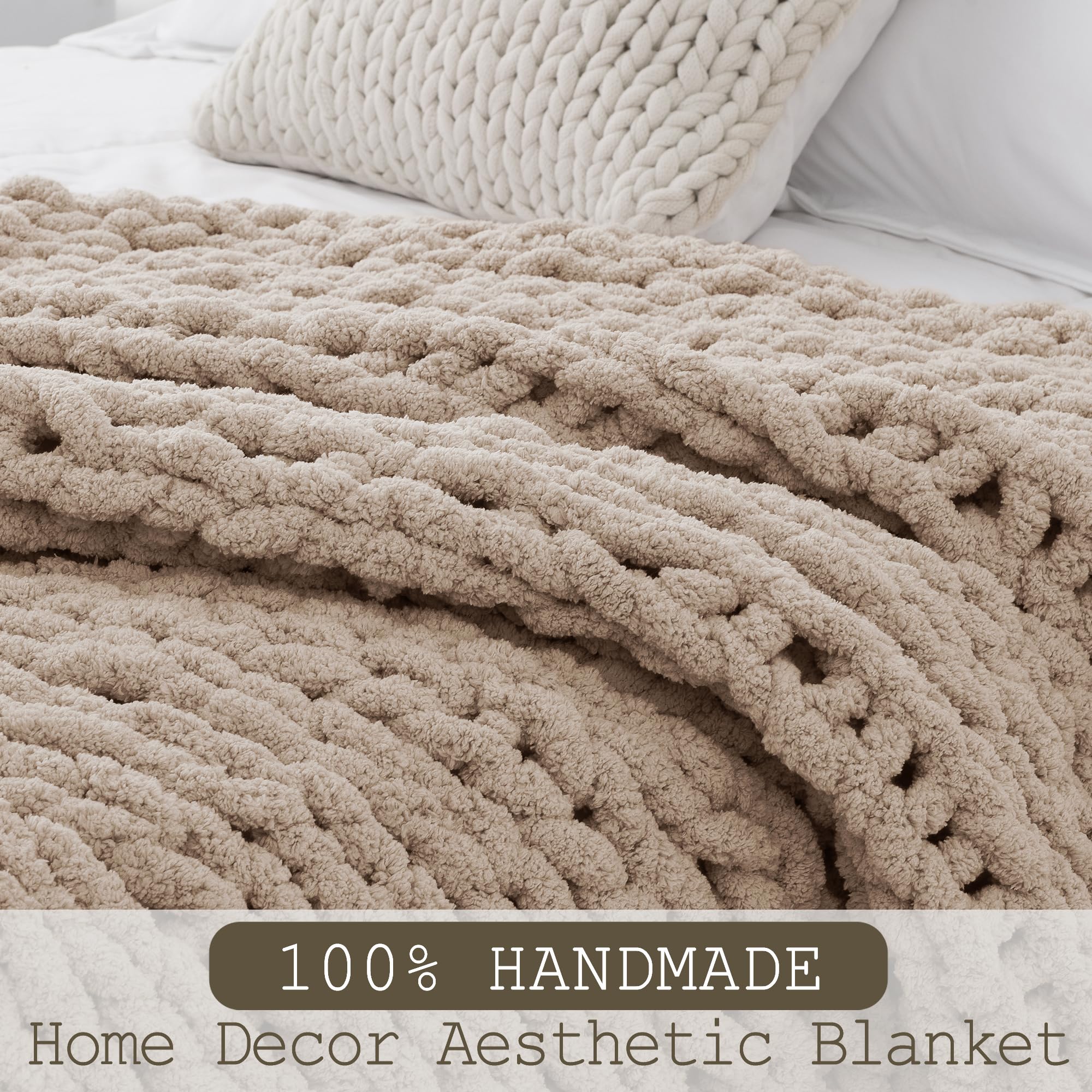 LONG CREATE Chunky Knit Throw Blanket 50X 60, 100% Handmade with Soft Chenille Yarn, 4.4lbs Thick Cable Knitted Blankets, La