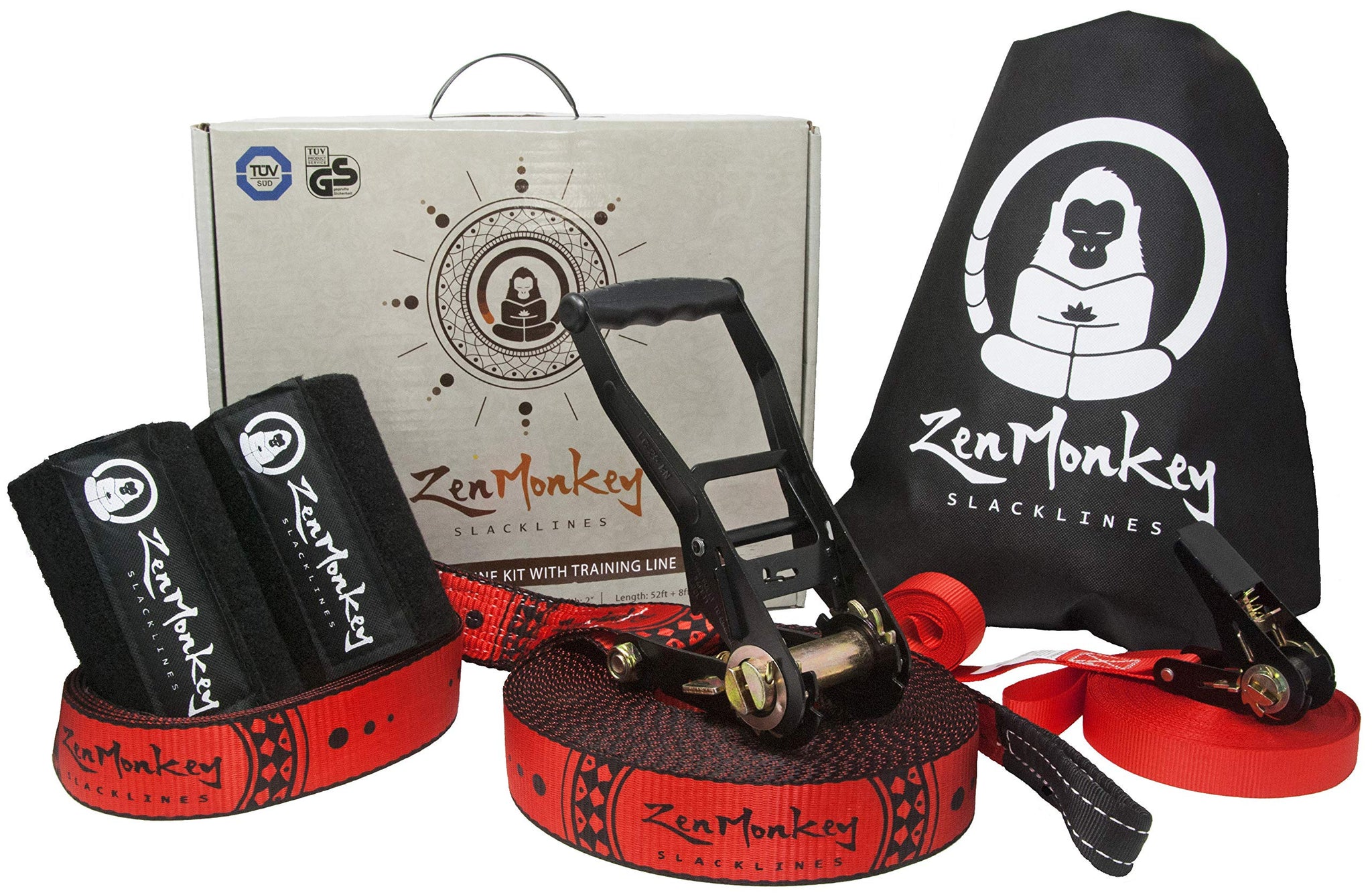 ZenMonkey Slackline Kit with Overhead Training Line, Arm Trainer, Tree Protectors, Cloth Carry Bag and Instructions, 60 Foot - E
