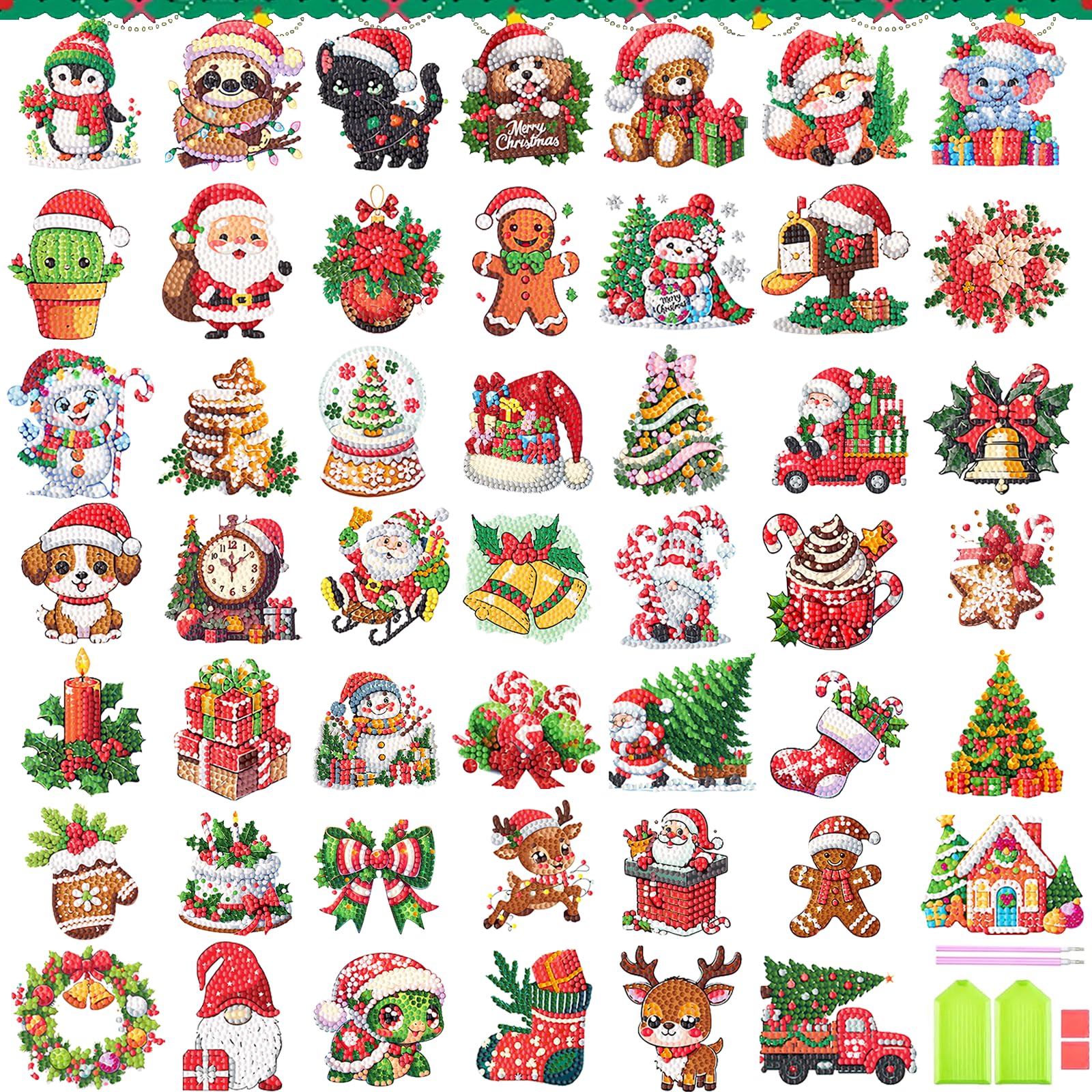 cviokrdu 48 Pcs Diamond Art Painting Sticker Kits for Kids, Christmas Diamond Gem Stickers Kit, 5D Christmas Gem Art Stickers Mo