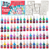 Fabric Paints (Set of 60 Colors) 1oz Bottles 3D Clothing PaintIncludes Glitter, Metallic, Glow, Neon, 5 Stencils, & 3 Brushes