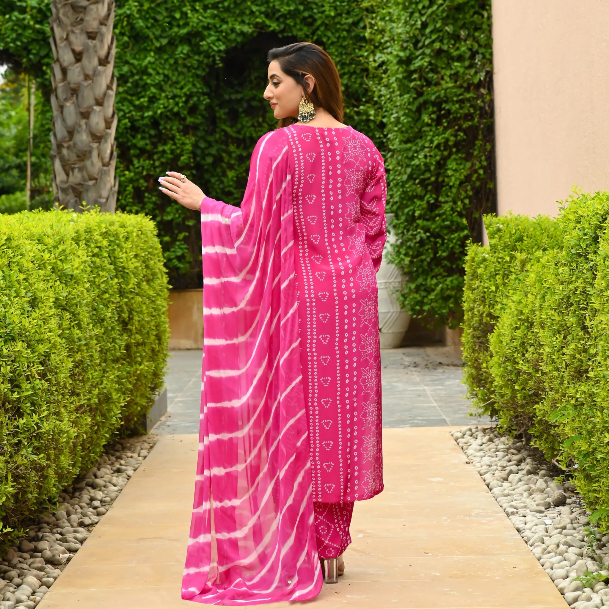 Gosriki Women'S Rayon Blend Straight Bandhej Printed Kurta With Pant & Dupatta (Baghira Pink-Vks01-Gs_M_Pink_Medium),Pink,,B0DFXZQ1BB