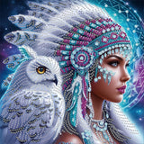KUFWKEY Native Woman DIY 5D Partial Diamond Painting Kit for Beginners, Owl Diamond Art Kits for Adults,Special Shaped Crystal S