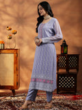 Libas Womens Embroidered Georgette Straight Kurta With Trousers And Dupatta Lavender M