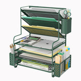 Simple Trending 7 Tier Desk File Organizer, Letter Tray Paper Organizer with Pen Holder and Metal Hanging Basket, Green