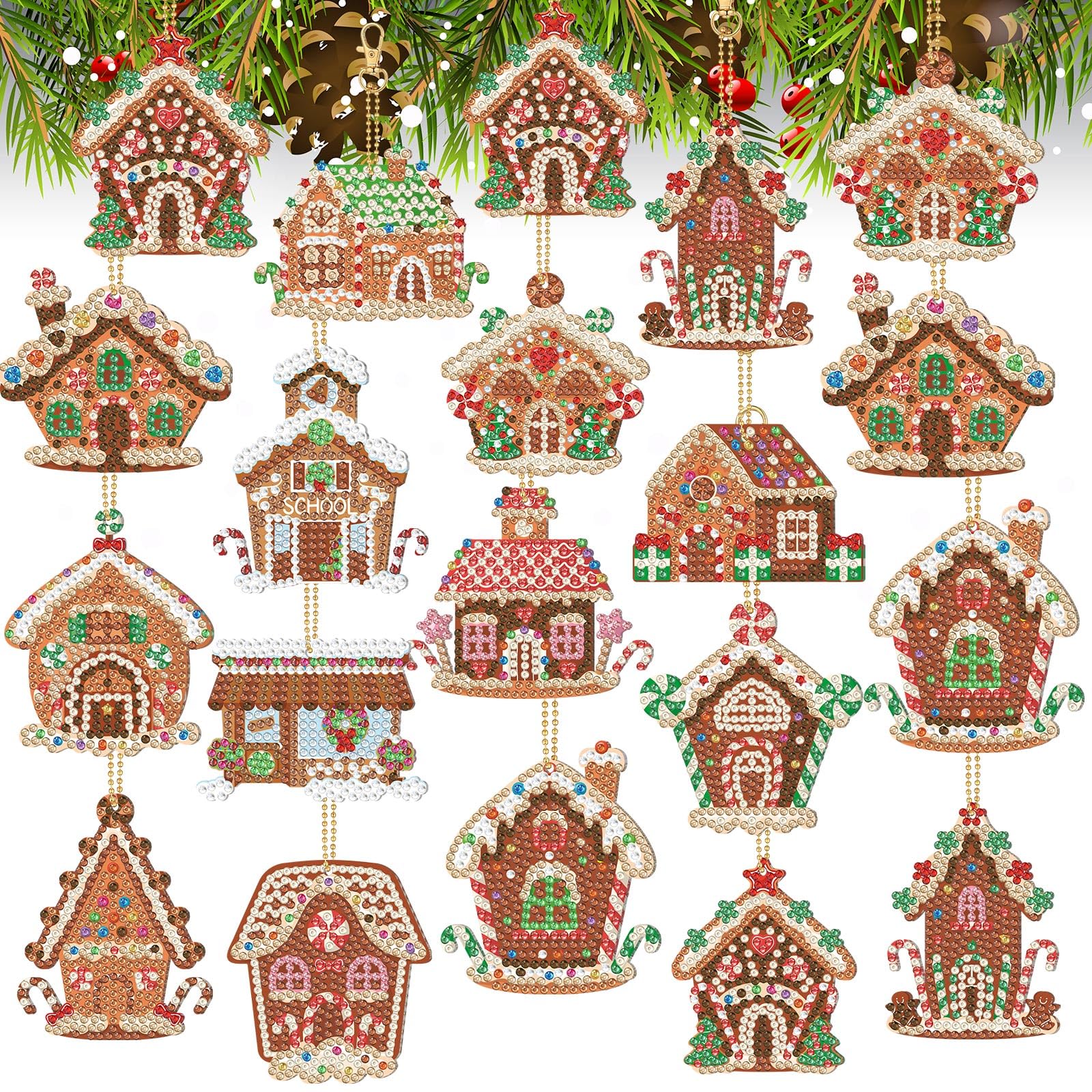 Estune 28 Pcs Christmas Gingerbread House Diamond Painting Keychains Double Sided Art Christmas Ornaments DIY Diamond Key Rings 