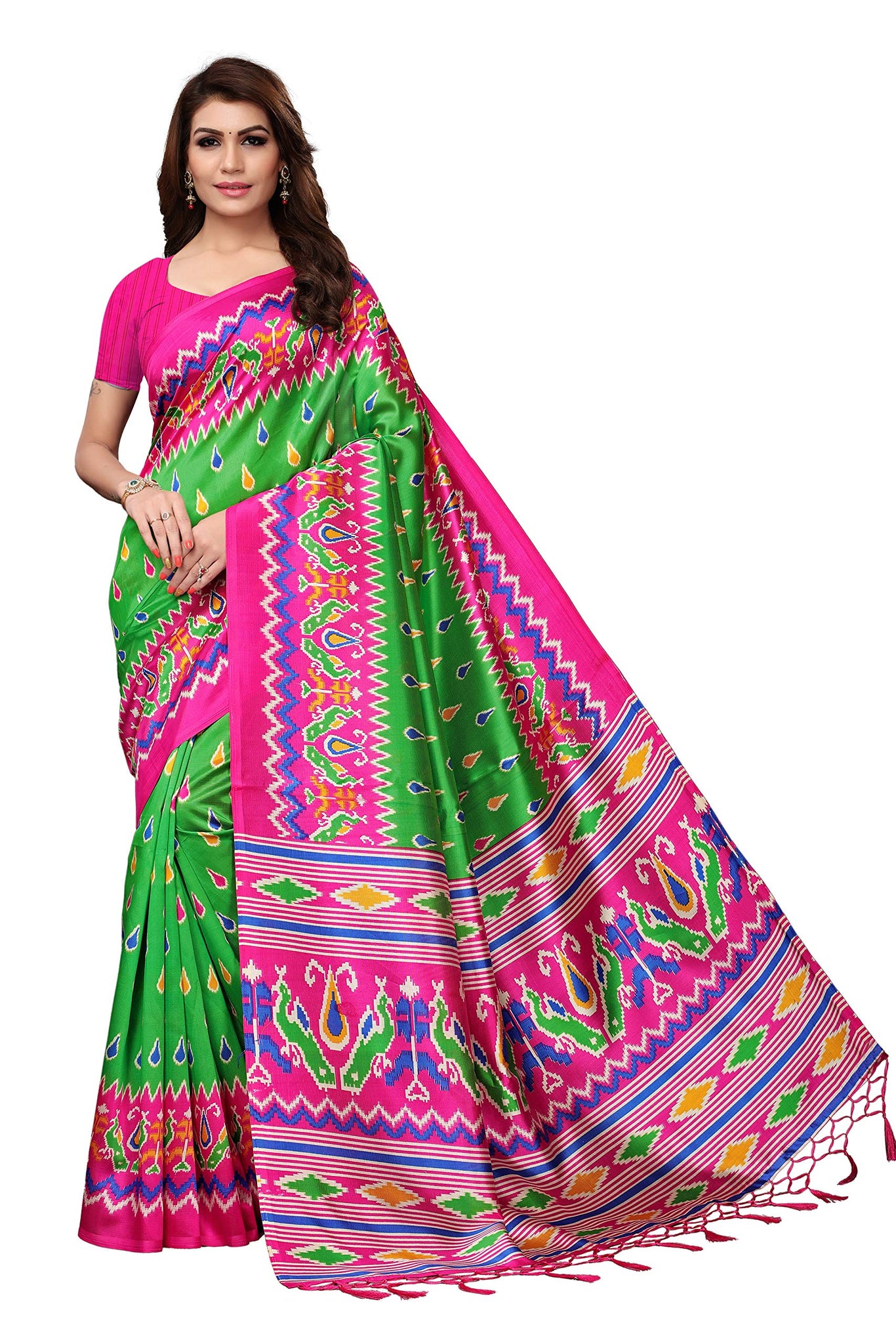 Gosriki Women'S Green Color Mysore Silk Printed Saree Border Tassels With Blouse Piece(Mor-Zikzek-Green_Free Size),Green,,B07NHSRHMH