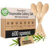 Ibambo 100% Bamboo Spoons Set - Eco Friendly Cutlery (600 Biodegradable Spoons) | Reusable or Disposable Bamboo Utensils | Compo